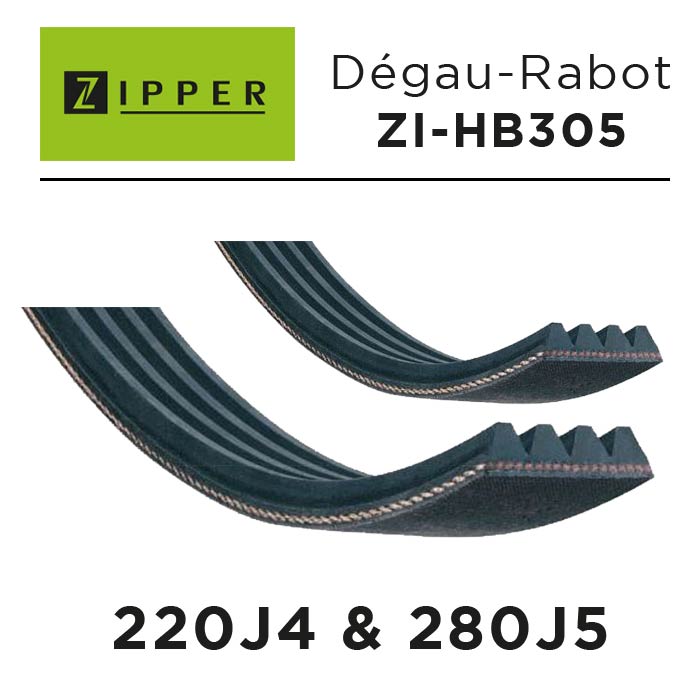 ZIPPER- Kit de 2 Courroies de Rechange pour Dégau-Rabot ZI-HB305 - 220 mm J4 & 280 mm J5