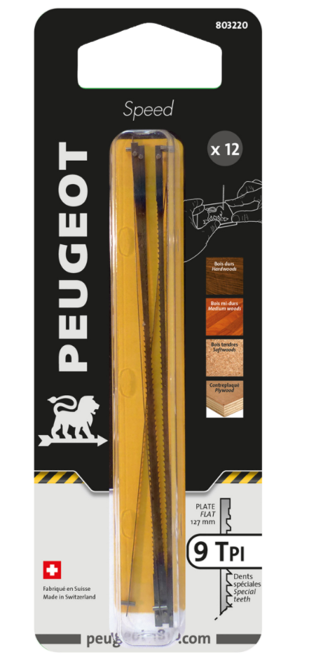 Peugeot - Kit de 12 lames pour scie à chantourner sans ergots (127X0,50X1,80mm) pour bois dur et contre plaqué