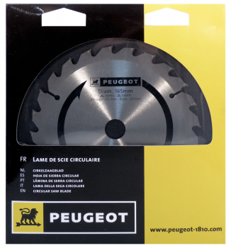 PEUGEOT - 801320 Lame scie circulaire Diamètre : 165 mm. Alésage : 20 mm. Nombre de dents: 24. Bois / PVC